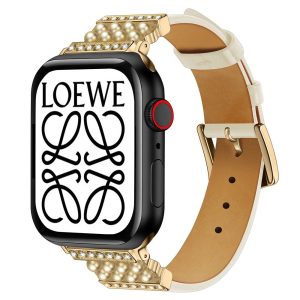 Solid Ægte Læder Og Rhinsten Rem passer til Apple Watch Series 7 45mm