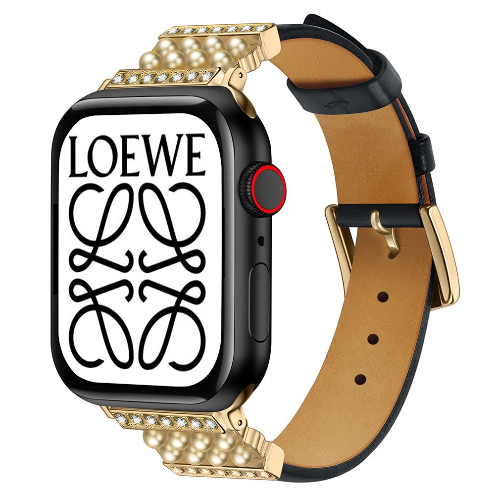 Solid Ægte Læder Og Rhinsten Rem passer til Apple Watch Series 7 45mm