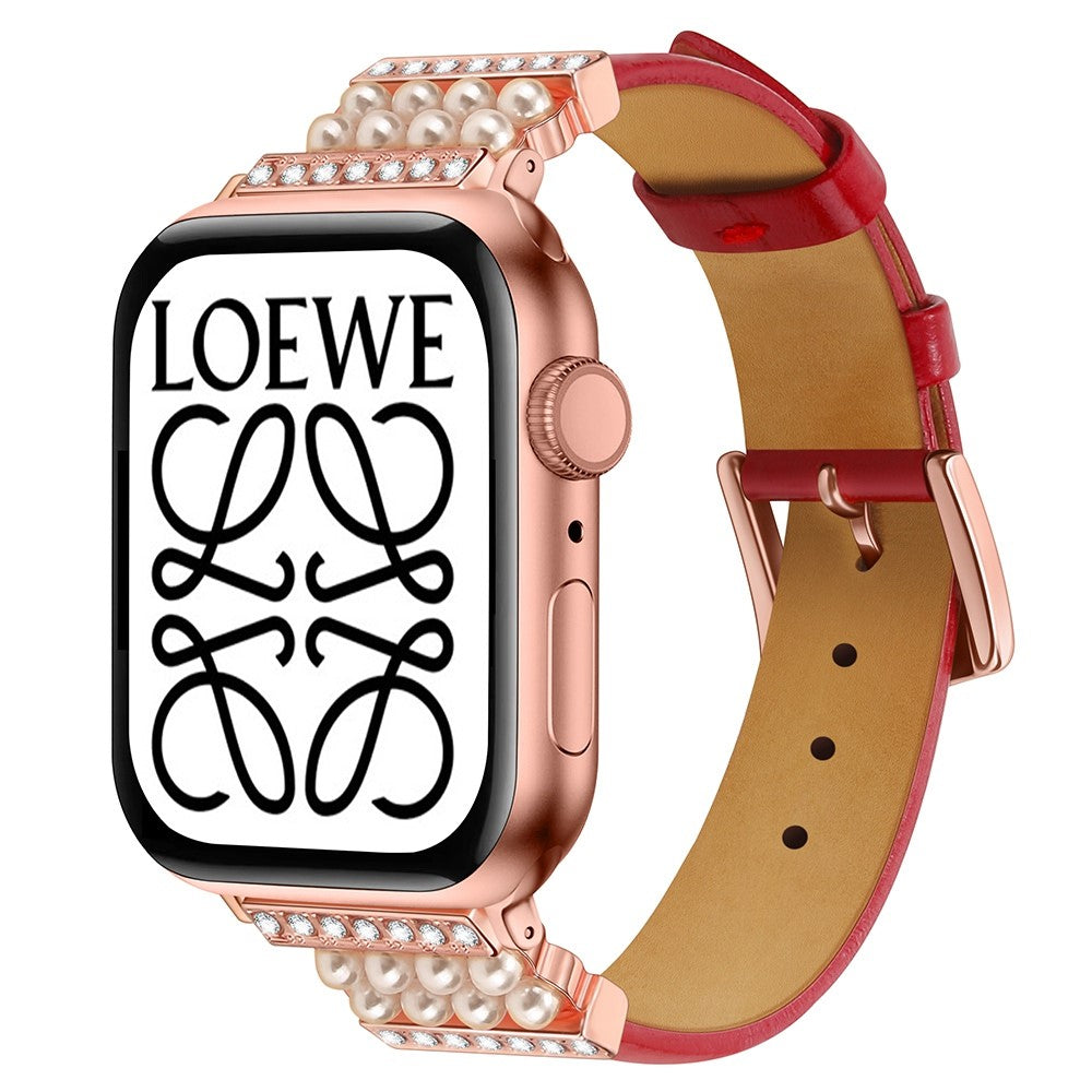 Solid Ægte Læder Og Rhinsten Rem passer til Apple Watch Series 7 45mm